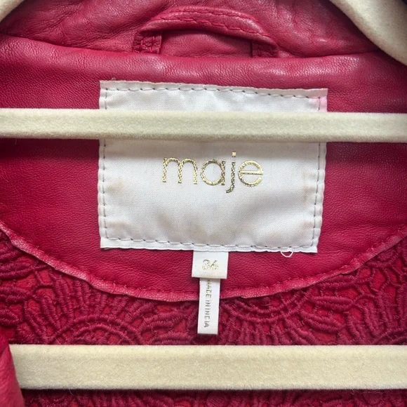 MAJE RED CROPPED LAMBSKIN LEATHER MOTO BIKER FLORAL LINED JACKET FR 36 S… - Picture 3 of 4